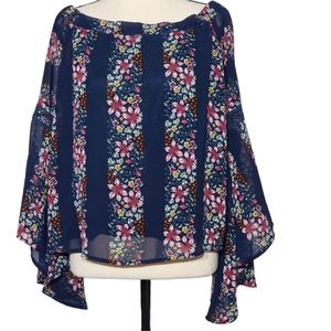Cupid's Diary Navy Blue Floral Off Shoulder Drama Sleeve Blouse, Medium